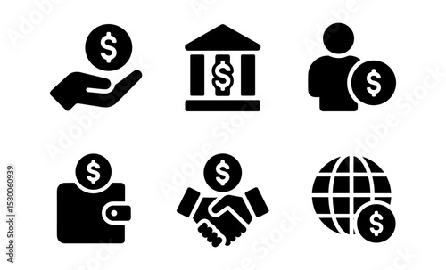 Financial icons set: hand, bank, person, wallet, handshake, globe with dollar symbols