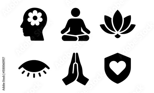 Minimalistic icons of mindfulness, meditation, and wellness symbols for holistic living