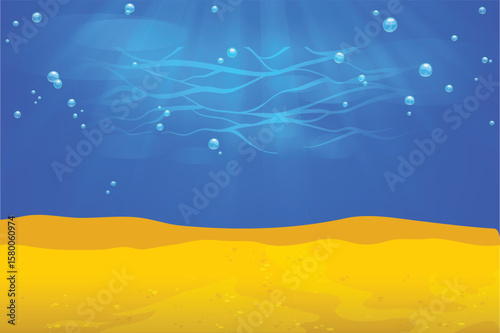 Underwater scene with golden sandy seabed and shimmering blue water surface with light rays and bubbles