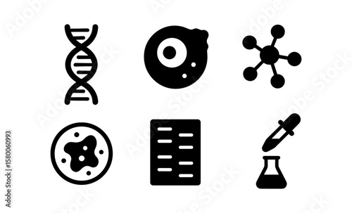 Scientific icons: dna, cell, molecule, microscopy, data, experiment