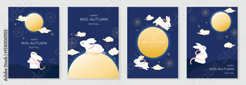 Happy mid autumn festival poster vector set. Wallpaper template with cute rabbit, full moon, firework, cloud on blue background. Illustration design for cover, banner, flyer, card, ads.