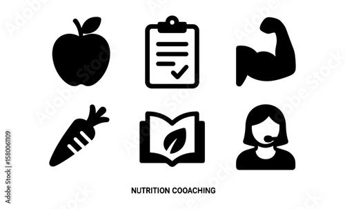Nutrition coaching icons: apple, carrot, clipboard, muscle, book, headset