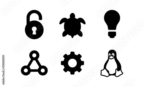 Minimalist icons featuring lock, turtle, lightbulb, network, gear, and penguin designs