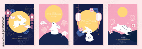 Happy mid autumn festival poster vector set. Wallpaper template with cute rabbit, moon, flower, lantern, pattern on pink and blue background. Illustration design for cover, banner, flyer, card, ads.