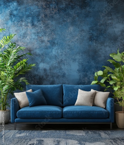 Interior design of a modern apartment living room with a brick wall and a gray sofa, combining industrial and contemporary elements. Panorama, Generative AI