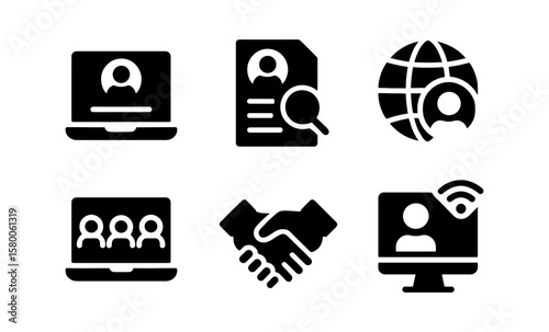 Remote work icon set: laptops, handshake, global connections, virtual meetings