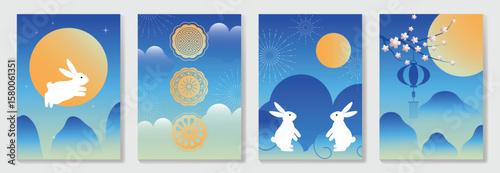 Happy mid autumn festival poster vector set. Wallpaper template with cute rabbit, moon, cloud, firework, mooncake, lantern on blue background. Illustration design for cover, banner, flyer, card, ads.