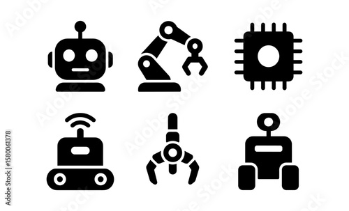 Set of robotics icons featuring robot face, mechanical arm, and microchip designs