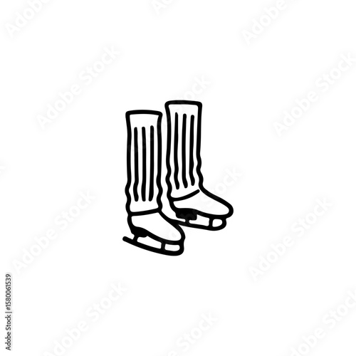 Black and white hand-drawn outline icon of figure skates with high warm socks. Winter sport concept, minimalist vector illustration in doodle style. Ice skating, outdoor activity, cold season symbol