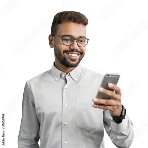 Young handsome man looking at smartphone isolated transparent PNG, Smiling businessman using mobile phone