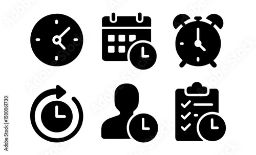 Monochrome time management icons: clocks, calendar, reminder, schedule, checklist