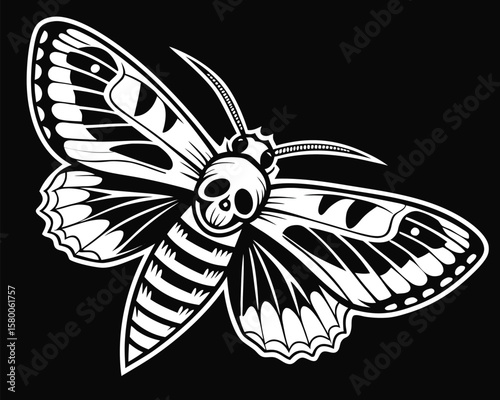 Vector art of a striking black and white illustration of a moth with a skull on its body
