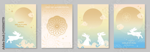 Happy mid autumn festival poster vector set. Wallpaper template with cute rabbit, moon, cloud, firework, flower, wave on light background. Illustration design for cover, banner, flyer, card, ads.