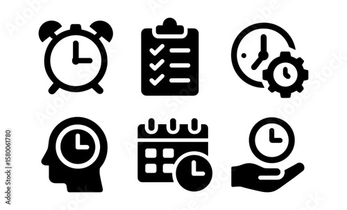 Time management icons set featuring clock, calendar, head, checklist symbols