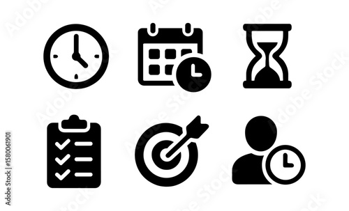 Time management icons set: clock, calendar, hourglass, checklist, target, person