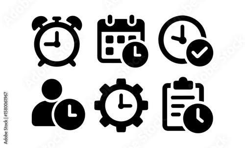 Set of time management icons: clocks, calendars, and checkmarks for organization concepts