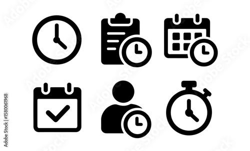 Time management icons: clocks, calendars, and stopwatches for scheduling and organization