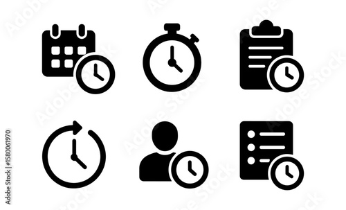 Set of time management icons: calendar, stopwatch, checklist, clock, user, task list