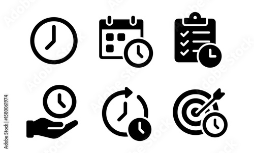 Time management icons set: clock, calendar, checklist, hand, arrows, target