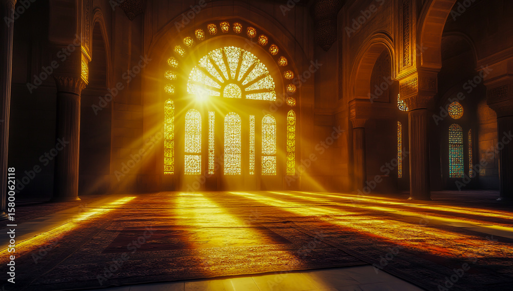 Obraz premium Sunlight streams through the arched, ornate windows of a historic ancient mosque, creating intricate, delicate patterns across the eroded stone floor below.