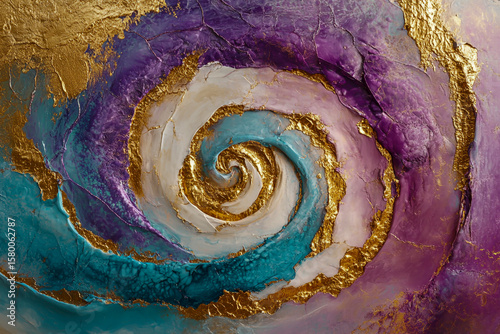 The abstract art masterpiece, featuring intricate gold leaf details and richly textured acrylic layers, showcases contemporary fine artistry and elegant metallic highlights.