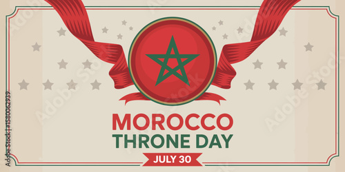 morocco throne day banner with national emblem in red and green, festive ribbons, scattered stars, and bold july 30 patriotic typography