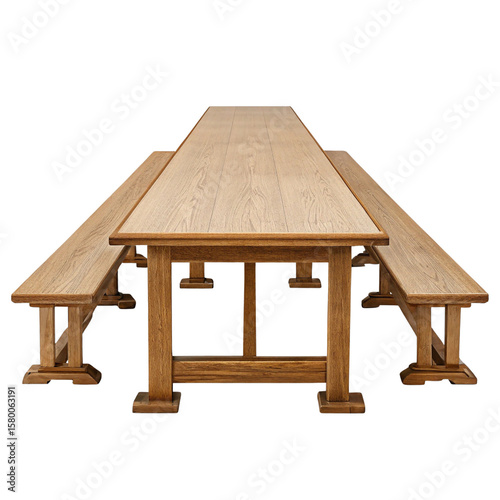 Long wooden table with benches on both sides.