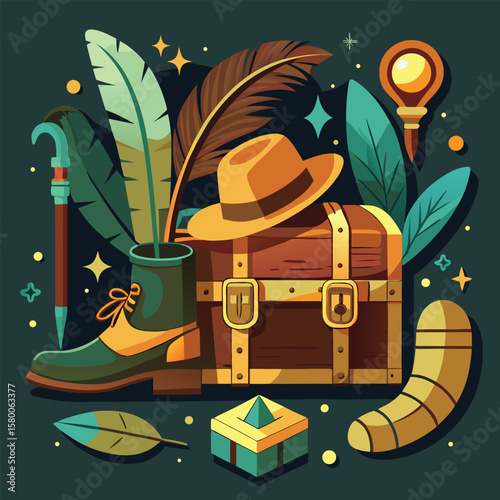 A vibrant cartoon illustration of a child pirate with a treasure chest under a moonlit night sky, featuring a whimsical castle and tree design