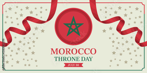 morocco throne day banner with royal red emblem, green star symbol, festive ribbons, golden stars, and july 30 celebration typography
