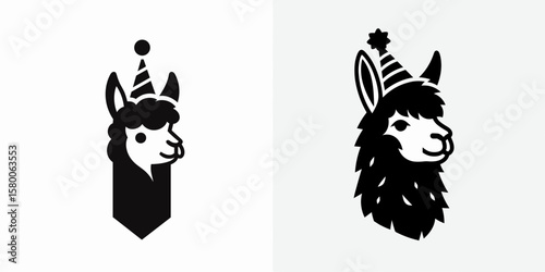 A Alpaca wear party hat. Cute Cartoon Clipart Silhouette Vector Illustration Line Art Illustration. llama with festive headgear for celebration occasion or fun event.