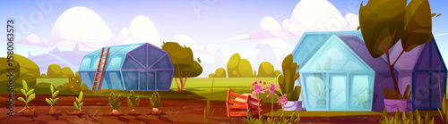 Cartoon garden landscape with greenhouses - glass structures on sunny farm, planted seedlings in soil rows, wooden crate with sack, pink flowers. Rural countryside scene with cultivation area.