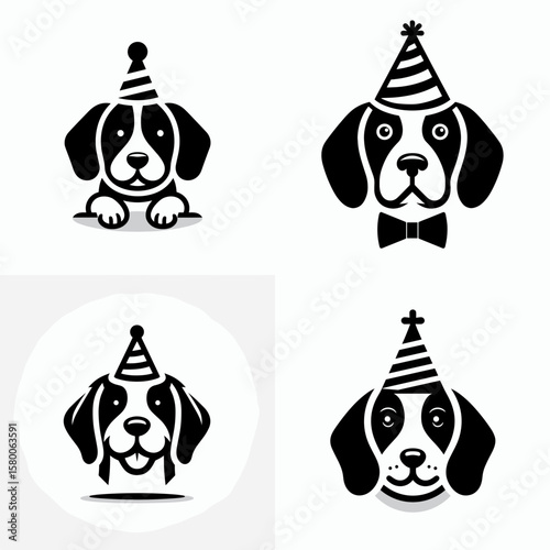 A Beagle Dog wear party hat. Cute Cartoon Clipart Silhouette Vector Illustration Line Art Illustration. Canine at event with conical headgear enjoys festive celebration.