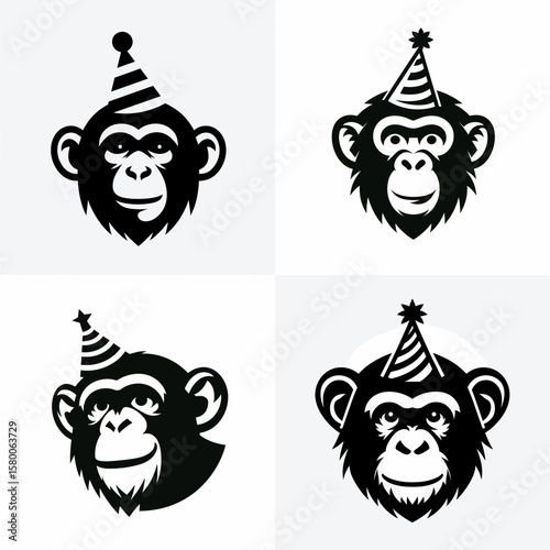 A Chimpanzee wear party hat. Cute Cartoon Clipart Silhouette Vector Illustration Line Art Illustration. Ape in festive headgear celebration theme for primate kind with cone cap.