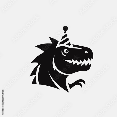 A Dinosaur wear party hat. Cute Cartoon Clipart Silhouette Vector Illustration Line Art Illustration. Reptile in costume enjoy birthday comical headgear for prehistoric beast.