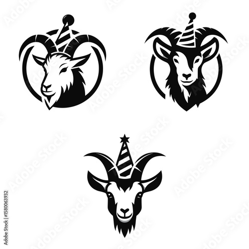 A Goat wear party hat. Cute Cartoon Clipart Silhouette Vector Illustration Line Art Illustration. Horned animal in festive headgear comical birthday celebration image.