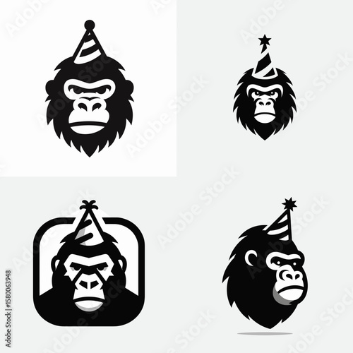 A Gorilla wear party hat. Cute Cartoon Clipart Silhouette Vector Illustration Line Art Illustration. Primate in formal headgear fun celebration festive event decoration jungle theme.
