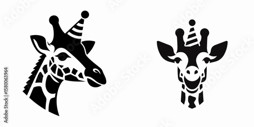 A Giraffe wear party hat. Cute Cartoon Clipart Silhouette Vector Illustration Line Art Illustration. Tall animal at celebration donned festive headgear for amusing occasion.
