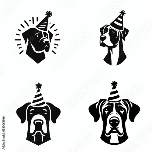 A Great Dane Dog wear party hat. Cute Cartoon Clipart Silhouette Vector Illustration Line Art Illustration. Large canine at celebration donning festive headgear for fun occasion.