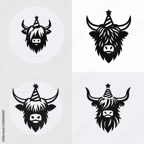 A Highland Cow wear party hat. Cute Cartoon Clipart Silhouette Vector Illustration Line Art Illustration. hairy bovine adorns headgear for celebration joyous animal theme.