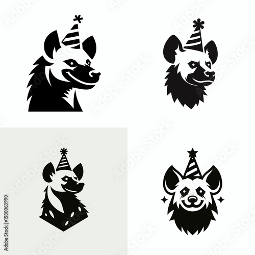 A Hyena wear party hat. Cute Cartoon Clipart Silhouette Vector Illustration Line Art Illustration. Spotted canine at festivity donning conical head decoration.