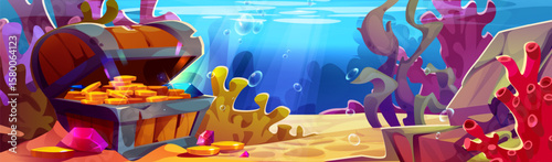 Cartoon underwater treasure scene - open chest with gold coins on seabed surrounded by colorful coral reefs and seaweeds. Ocean floor with bubbles rising through blue water for adventure game bg.