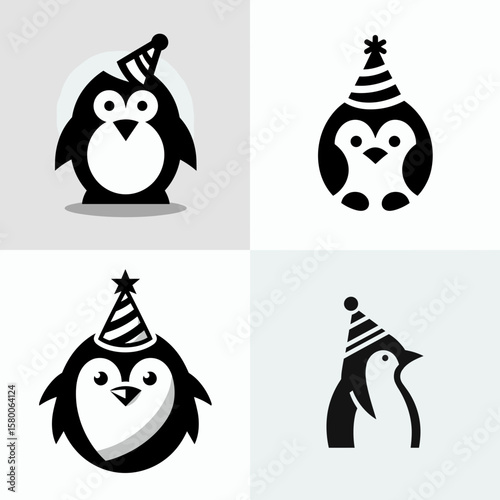 A Penguin wear party hat. Cute Cartoon Clipart Silhouette Vector Illustration Line Art Illustration. Avian costume headgear gathering festive celebration joyful event.