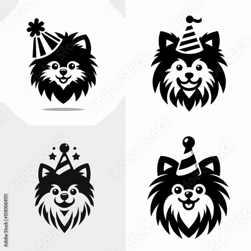 A Pomeranian Dog wear party hat. Cute Cartoon Clipart Silhouette Vector Illustration Line Art Illustration. Little spitz puppy donning festive headgear celebrating event canine in cone.