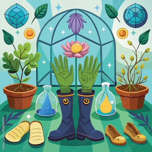Colorful spring flowers in pots with gardening tools, a vibrant illustration of nature's growth and blossom