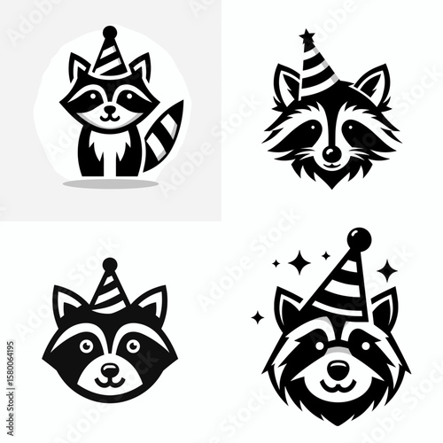 A Raccoon wear party hat. Cute Cartoon Clipart Silhouette Vector Illustration Line Art Illustration. Furry creature don cone-shaped headgear for celebration or festive event.