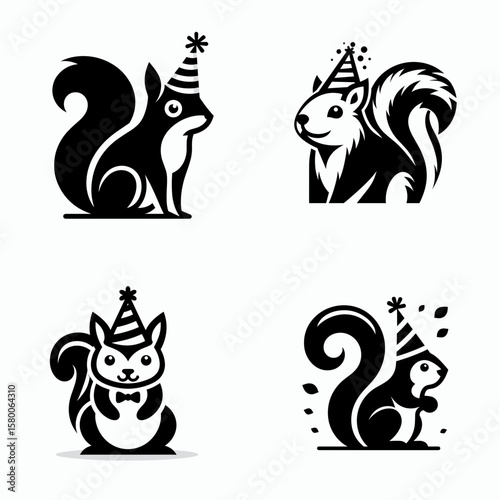 A Squirrel wear party hat. Cute Cartoon Clipart Silhouette Vector Illustration Line Art Illustration. Critter in festive headgear celebrates comical rodent enjoying headwear.