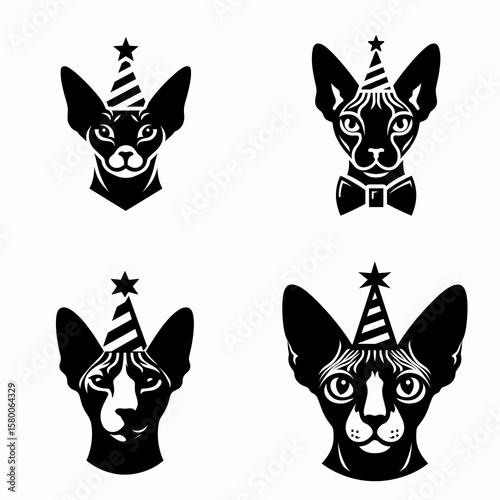 A Sphynx Cat wear party hat. Cute Cartoon Clipart Silhouette Vector Illustration Line Art Illustration. Hairless feline with headgear cone hat for carnival fun kitty wearing.