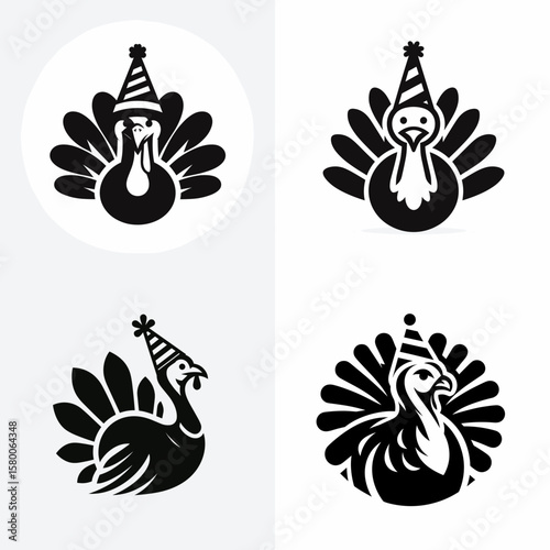 A Turkey wear party hat. Cute Cartoon Clipart Silhouette Vector Illustration Line Art Illustration. Fowl adornment festive bird in headgear at celebration.