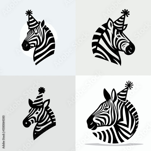 A Zebra wear party hat. Cute Cartoon Clipart Silhouette Vector Illustration Line Art Illustration. Comical equine don celebratory headgear amusing costume occasion.