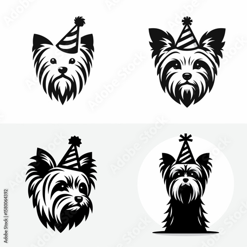 A Yorkshire Terrier Dog wear party hat. Cute Cartoon Clipart Silhouette Vector Illustration Line Art Illustration. Tiny yorkie pup in festive headgear for celebration event animal companion.